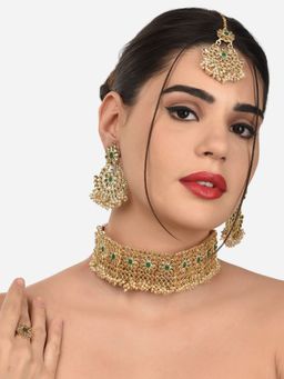 Zaveri Pearls - Gold Tone Dazzling Cluster Pearls Choker Necklace Earring & Ring Set-ZPFK12753