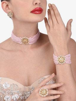 Zaveri Pearls - Pink Multistrand Necklace Earring Bracelet & Ring Set-ZPFK12909