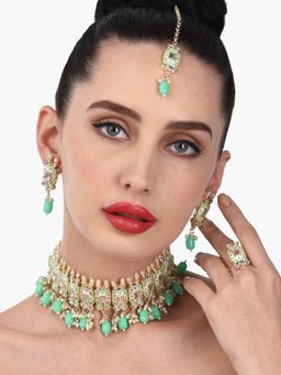 Zaveri Pearls - Green & Pink Meenakari Choker Necklace Earring Maangtikka & Ring Set-ZPFK12912