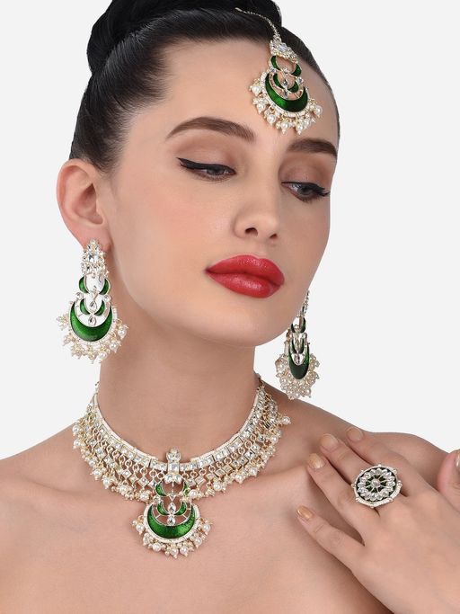Zaveri Pearls Green Meenakari Crescent Choker Necklace Earring Maangtikka & Ring Set-ZPFK13054