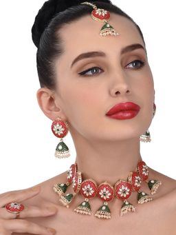 Zaveri Pearls - Red & Green Meenakari Necklace Earring Maangtikka & Ring Set-ZPFK13057