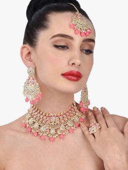 Zaveri Pearls - Pink Meenakari Peacock Inspired Necklace Earring Maangtikka & Ring Set-ZPFK13058