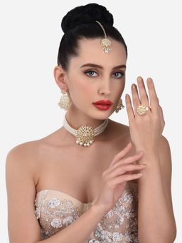 Zaveri Pearls - Gold Tone Multistrand Kundan Necklace Earring Maangtikka & Ring set-ZPFK13059