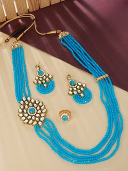 Zaveri Pearls - Turquoise Crystals Multistrand Side Brooch Necklace Earring & Ring Set-ZPFK13060