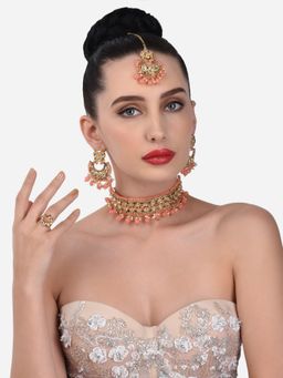 Zaveri Pearls - Peach Beads Ethnic Choker Necklace Earring Maangtikka & Ring Set-ZPFK13071