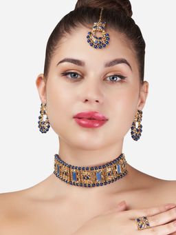Zaveri Pearls - Blue Stones & Beads Ethnic Choker Necklace Earring Maangtikka & Ring Set (Set of 4)