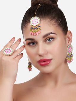 Zaveri Pearls - Multicolor Meenakari Cluster Beads Drop Earring Maangtikka & Ring Set (Set of 3)