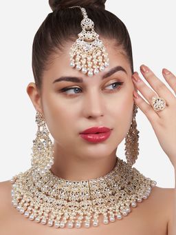 Zaveri Pearls - Gold Tone Kundan & Pearls Floral Choker Necklace Set (Set of 4)