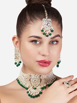 Zaveri Pearls - Green Beads Bridal Multistrand Pearls Kundan Choker Jewellery Set (Set of 4)