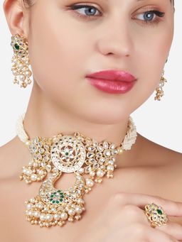 Zaveri Pearls - Green Kundan & Pearls Traditional Choker Necklace Earring & Ring Set (Set of 3)