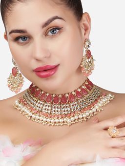 Zaveri Pearls - Peach Flower Stones Cluster Pearls Choker Necklace Earring & Ring Set (Set of 3)