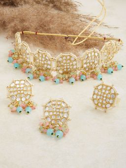 Zaveri Pearls - Multicolor Cluster Beads Drop Kundan Choker Necklace Earring & Ring Set (Set of 3)