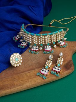 Zaveri Pearls - Blue & Pink Meenakari Lotus Drop Kundan Choker Necklace Earring & Ring Set (Set of 3)