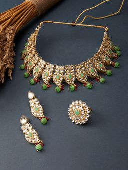 Zaveri Pearls - Green & Pink Kundan Ethnic Choker Necklace Earring & Ring Set-ZPFK13204 (Set of 3)