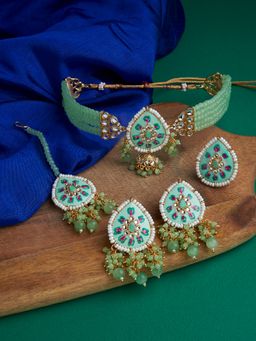 Zaveri Pearls - Green & Pink Meenakari Multistrand Beaded Choker Jewellery Set (Set of 4)