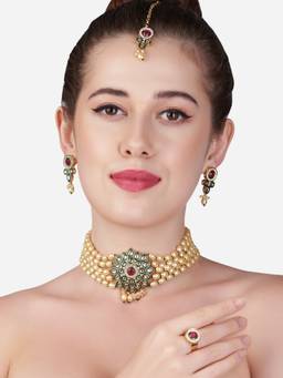 Zaveri Pearls - Pink & Green Meenakari Flower Multistrand Beaded Choker Jewellery Set (Set of 4)