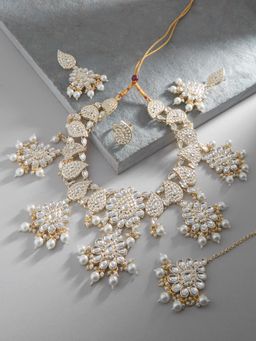 Zaveri Pearls - Gold Tone Kundan Bridal Necklace, Earring, Maangtikka and Ring (Set of 4)