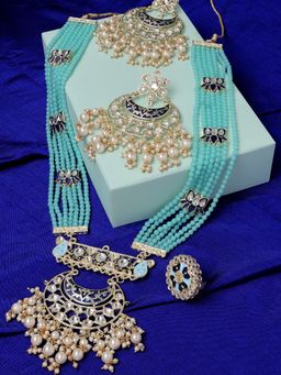 Zaveri Pearls - Blue Multistrand Beaded Kundan Lotus Long Necklace Earring & Ring Set-ZPFK14608