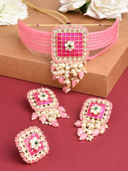 Zaveri Pearls - Pink Meenakari Multistrand Kundan Choker Necklace Earring & Ring Set-ZPFK14694
