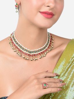 Zaveri Pearls - Pink & Green Kundan Choker Necklace Earring & Ring Set-ZPFK15192