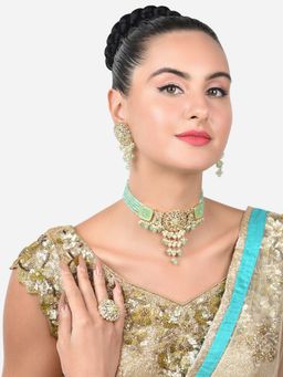 Zaveri Pearls - Green Multistrand Kundan Choker Necklace Earring & Ring Set-ZPFK15193