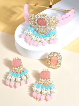 Zaveri Pearls - Pink Turquoise Multistrand Kundan Necklace Earring & Ring Set-ZPFK15408