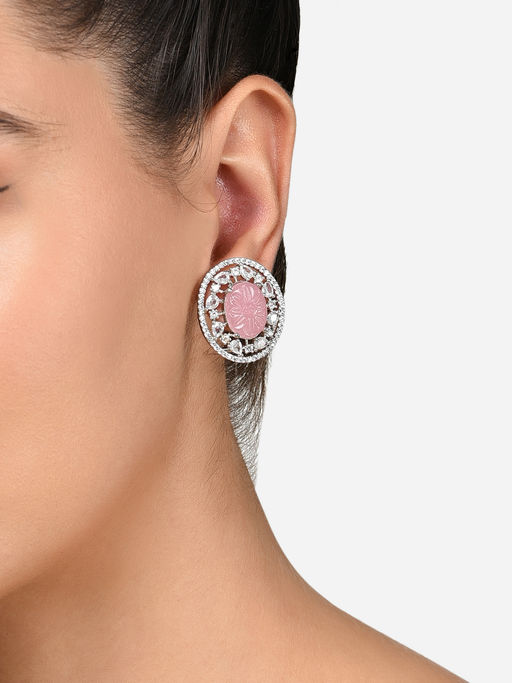 Zaveri Pearls Pink Stone Cubic Zirconia Brass Contemporary Studs Earring-ZPFK15826