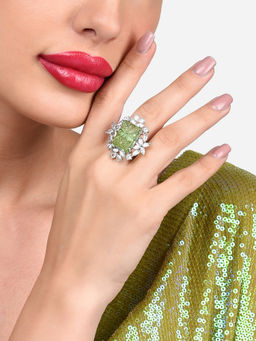 Zaveri Pearls - Green Stone and Dazzling Cubic Zirconia Brass Contemporary Ring-ZPFK15828