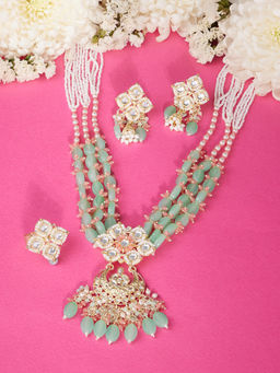 Zaveri Pearls - Green Peach Multistrand Cluster Necklace Earring and Ring Set-ZPFK15831