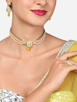 Zaveri Pearls - Multicolor Multistrand Choker Necklace Earring and Ring Set-ZPFK15837