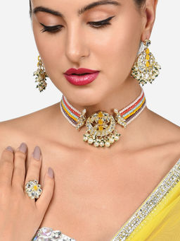 Zaveri Pearls - Multicolor Multistrand Choker Necklace Earring and Ring Set-ZPFK15838