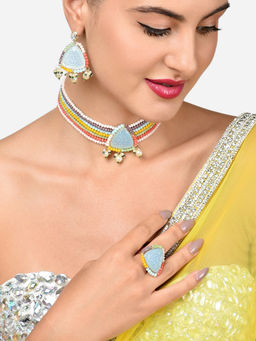 Zaveri Pearls - Multicolor Multistrand Choker Necklace Earring and Ring Set-ZPFK15839