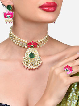 Zaveri Pearls - Pink Green Meenakari Lotus Choker Necklace Earring Ring Set-ZPFK15844