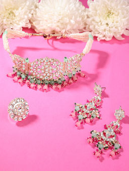 Zaveri Pearls - Pink Green Multistrand Choker Necklace Earring and Ring Set-ZPFK15847