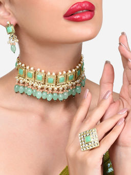 Zaveri Pearls - Green Peach Stones and Beads Choker Necklace Earring Ring Set-ZPFK15848