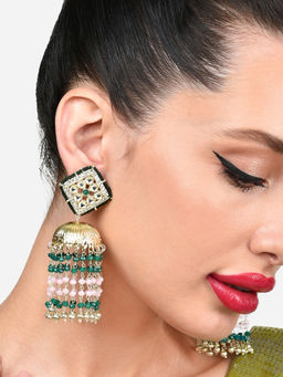 Zaveri Pearls - Green Pink Beads Chain Fringe Kundan Jhumki Earring-ZPFK15849