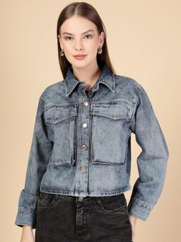COSMIC TRIO - Blue Spread Collar Washed Self Design Denim Jacket