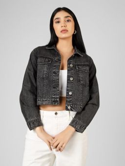 COSMIC TRIO - Women’S Charcoal Washed Denim Cropped Jacket