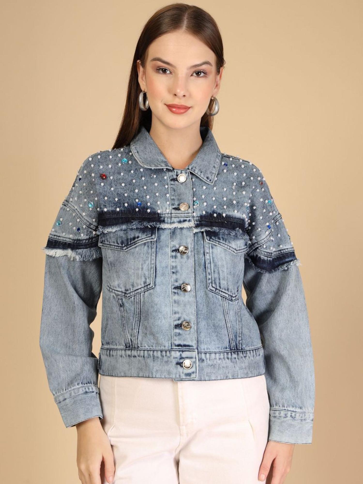 cosmic trio Women Spread Collar Washed Self Design Denim Jacket-picture-10