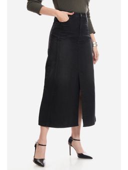 Virgio - Solid Cotton Denim Panelled Midi Skirt