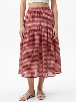 Outzidr - Red High Waist Checkered Skirt