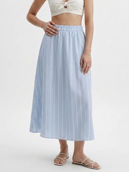 Outzidr - Light Blue High Waist Checked Flared Skirt