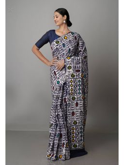 Unnati Silks - White Pure Batik Kota Cotton Saree with Unstitched Blouse