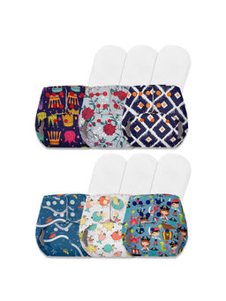 BASIC - Pack Of 6 Reusable Freesize Cloth Diapers For Baby 0-3 Yrs With 6 Inserts