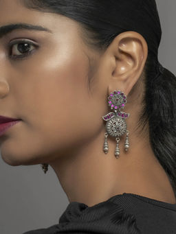Divas Mantra - 92.5 Silver Oxidised Mischief Floral & Round Motif Earrings with Pink Spinel Stones