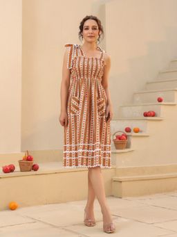 Rain & Rainbow - Printed Pure Cotton Fit and Flared Ethnic Dress