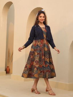 Rain & Rainbow - Ethnic
                  Motifs Printed Fit and Flare Midi Dress with Jacket
                  (Set of 2) - 5