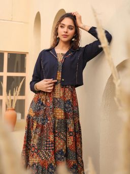 Rain & Rainbow - Ethnic
                  Motifs Printed Fit and Flare Midi Dress with Jacket
                  (Set of 2) - 8