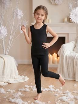 Kanvin - Girls Cotton Round Neck Neck Thermal Set - Black