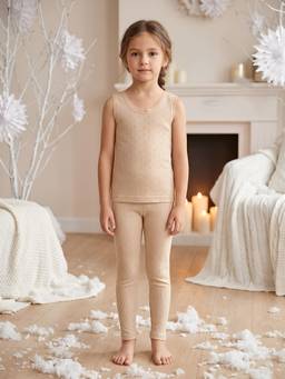 Kanvin - Girls Cotton Round Neck Neck Thermal Set - Beige